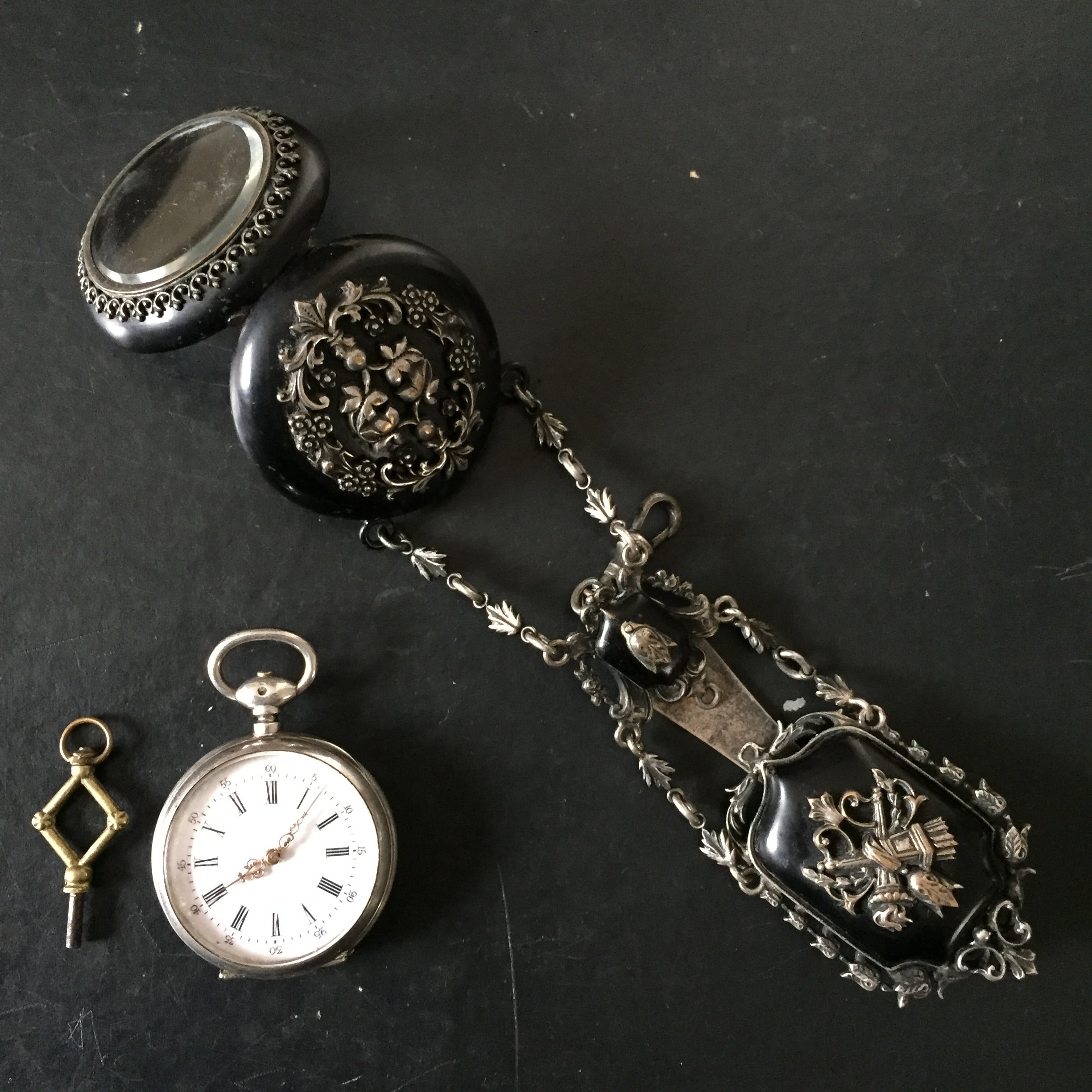French Antique Watch Chatelaine with Silver Case Cylindre Pocket Watch
