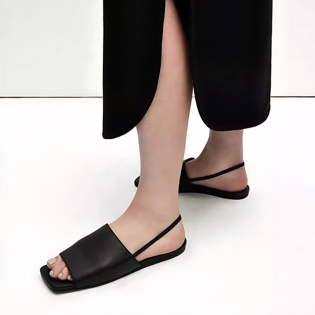 Leather open square flat shoes