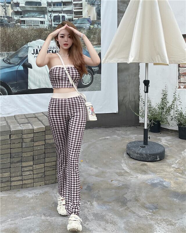 格子柄トップス サマー薄手ストラップレス 夏物 ブラックストロベリース45017072417