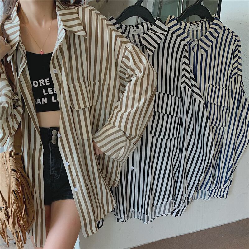 トップス レディース シャツ アウター カーディガン ジャケット 襟付き 長袖 前開き きれいめ シンプル カジュアル 大人 おしゃれ 大人女子 ガーリー ラフ ルーズ 大人可愛い M L XL ゆったり ゆる ブラック ブルー カーキ ストライプ ポケット ボタン 春 夏 10代 20代 30代 40代 OL 通勤 学生 通学 デート お出かけ 女子会 休日 着回し 重ね着 ファッション 楽ちん デイリーユース 3色 大きめ オーバーサイズ ストリート ナチュラル リラックス ライブ 旅行 送料無料