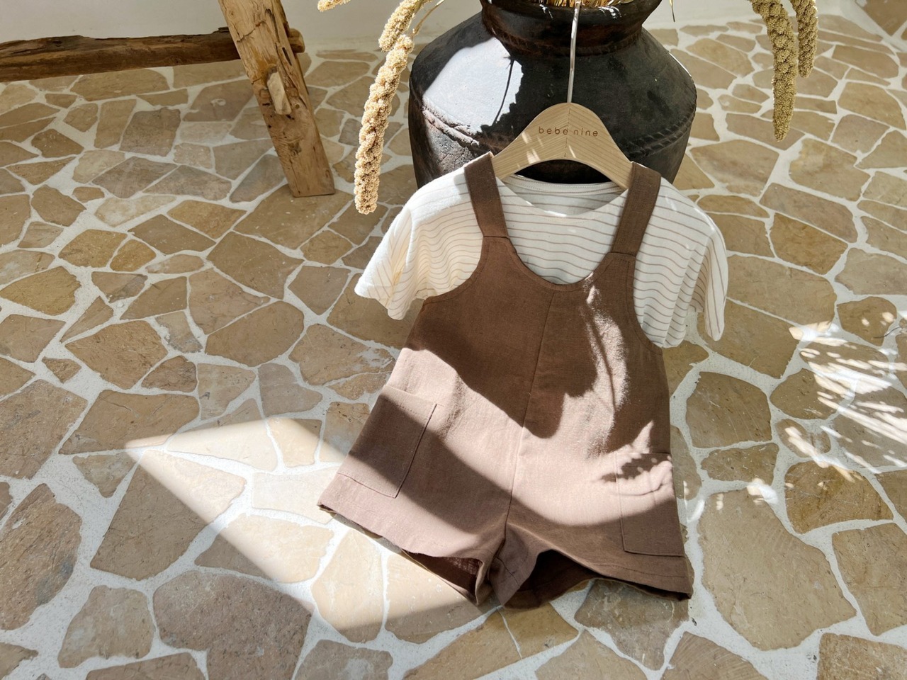 【Bebe nine】ナチュラルショートサロペット ベージュ 70〜80cm 24048 - 10