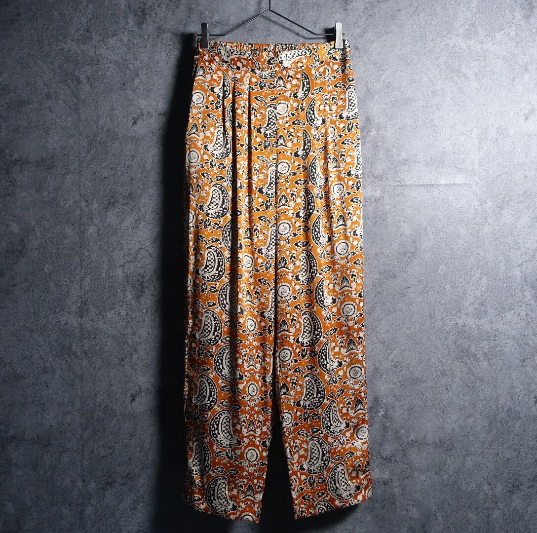 Orange Paisley Pattern Wide Tapered Satin Easy Slacks