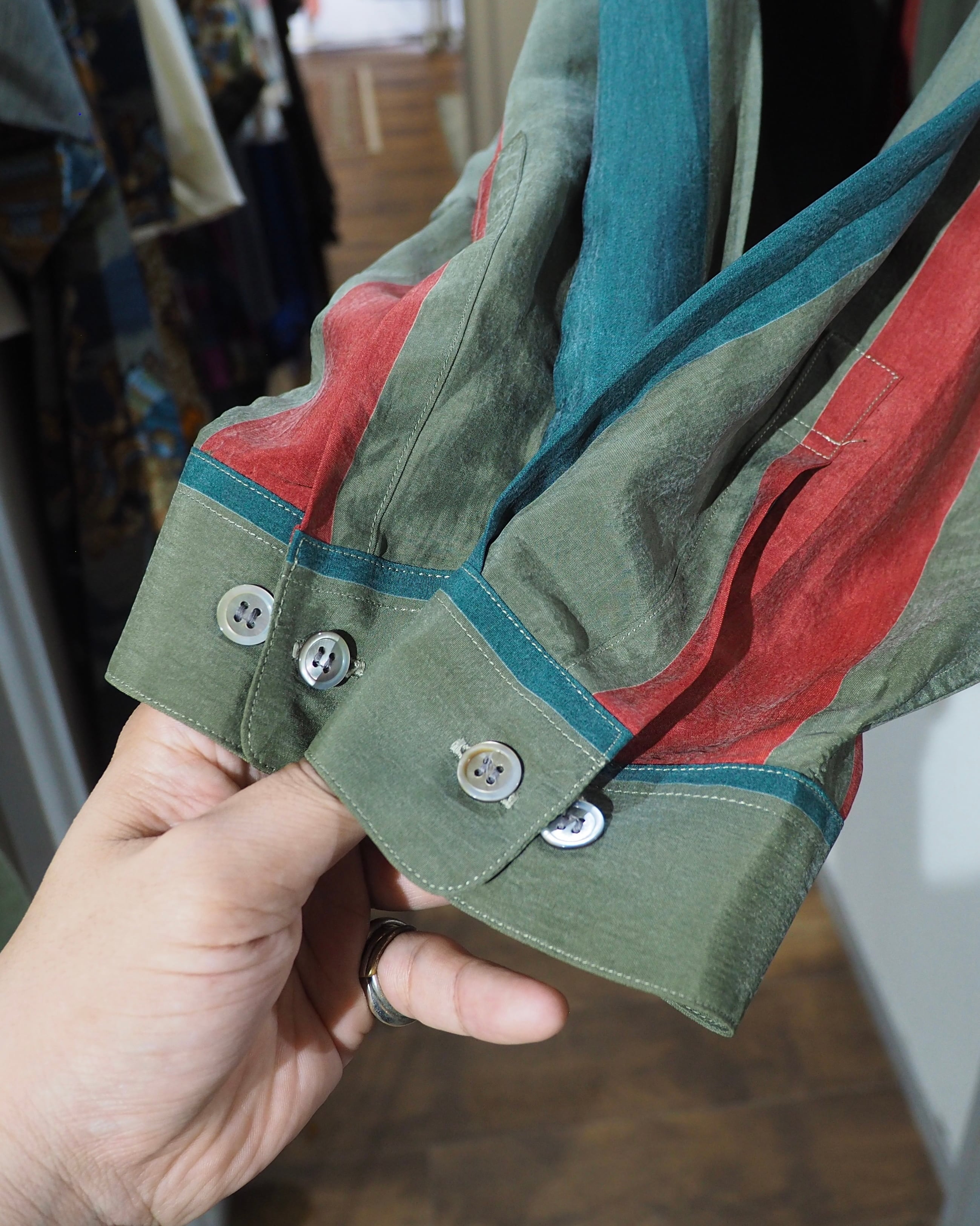 1980s ” BARBANO ” Tricolore stripe pattern vintage Drape loose Shirt