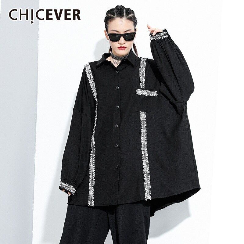 CHICEVERパッチワークシャツレディースラペルランタン長袖ヒットカラールーズオーバーサイズブラウス2020オータムスタイル ロング 秋物 6base553668812287