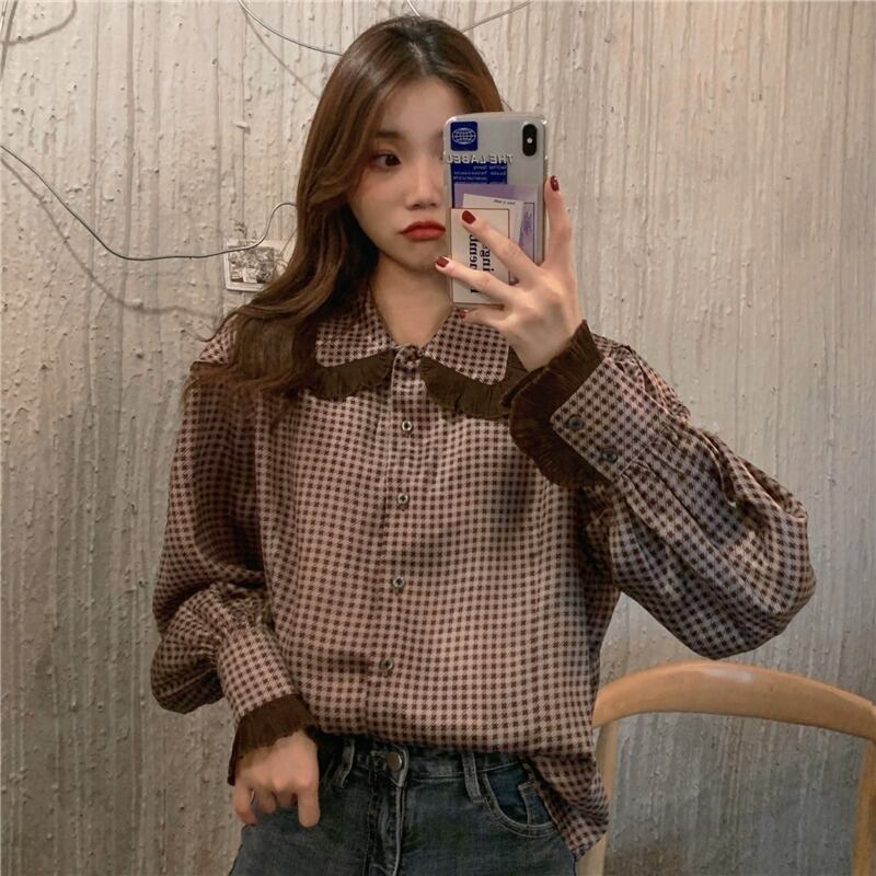スタンダード格子柄シャツ オータムウィンターレース レトロ 秋物 冬物 1号婦人29221573541