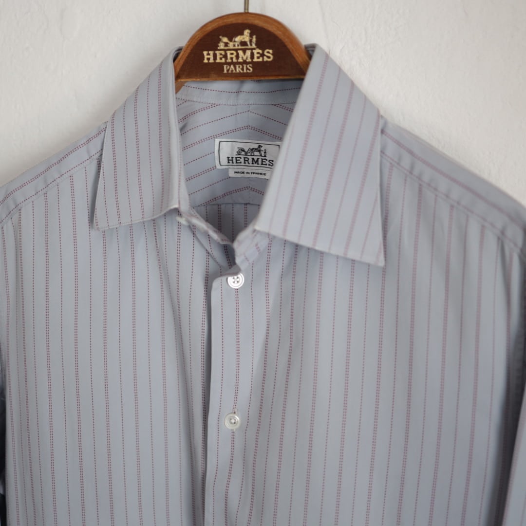 00s HERMÈS Leather Cuff Stripe Dress Shirt【フランス製】