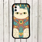 受注生産 iPhoneケース 白猫と花のサイケ民芸柄｜猫モチーフ PSYF014C