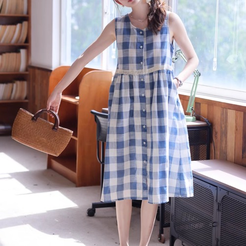 レース貼りチェック柄ボタンジャンスカ ・7231