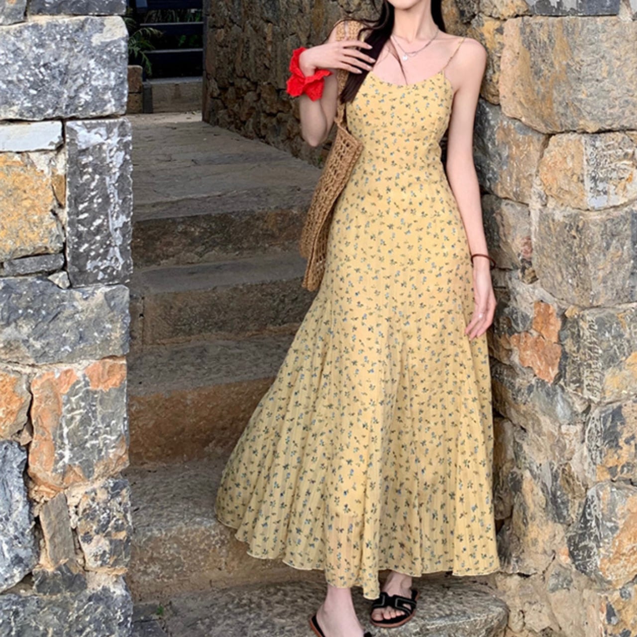 ライトイエロー マキシ キャミドレス W06