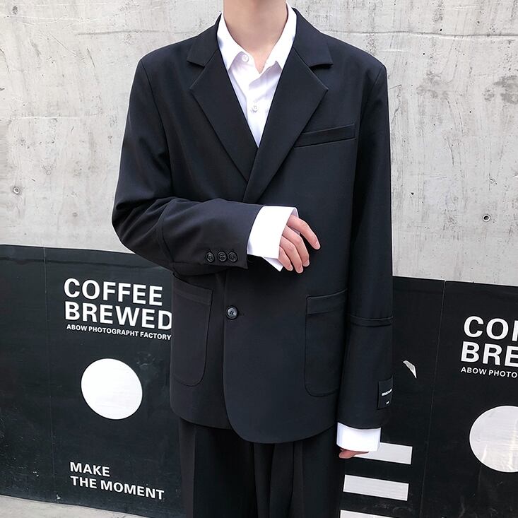 予約販売】メンズ スーツ 袖タグ ブラック オフホワイト シック 個性的