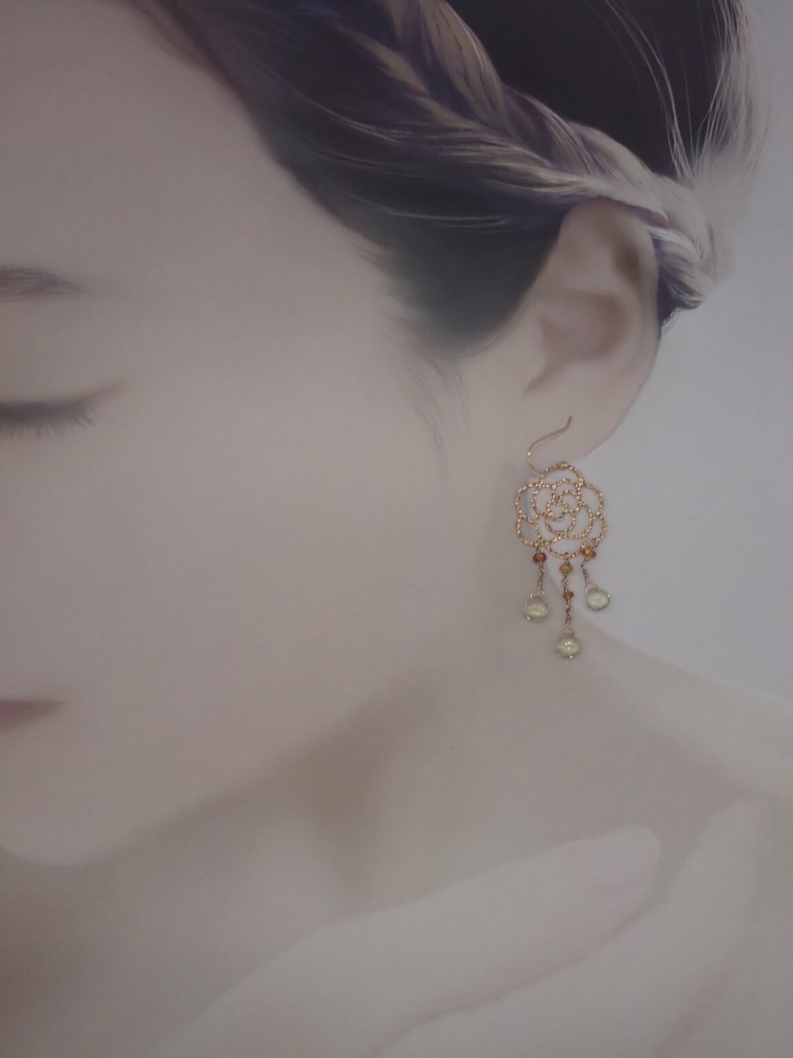 18金薔薇のシャンデリアピアスサファイア&レモンクォーツ