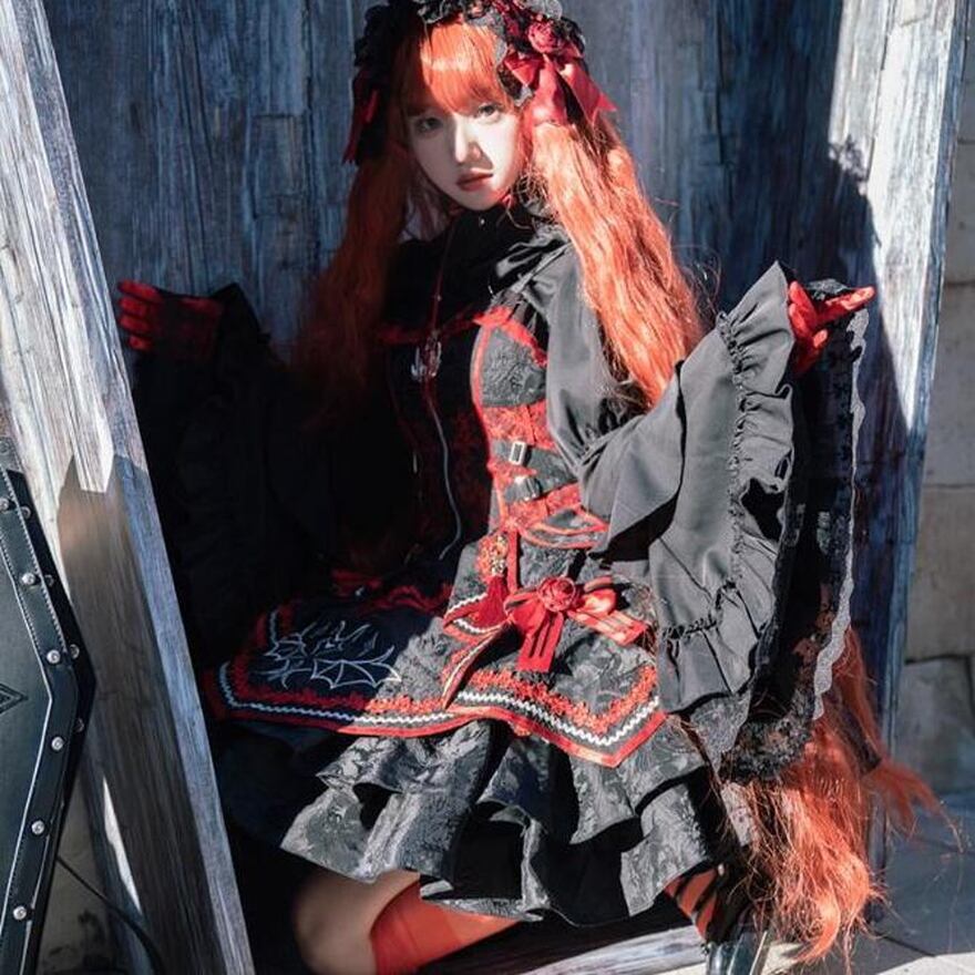 【藍月】ゴスロリスタイル 黒赤　Ｓサイズ SEASONZ 4月出荷 ゴスロリ JSK ジャンパースカート フリル リボン