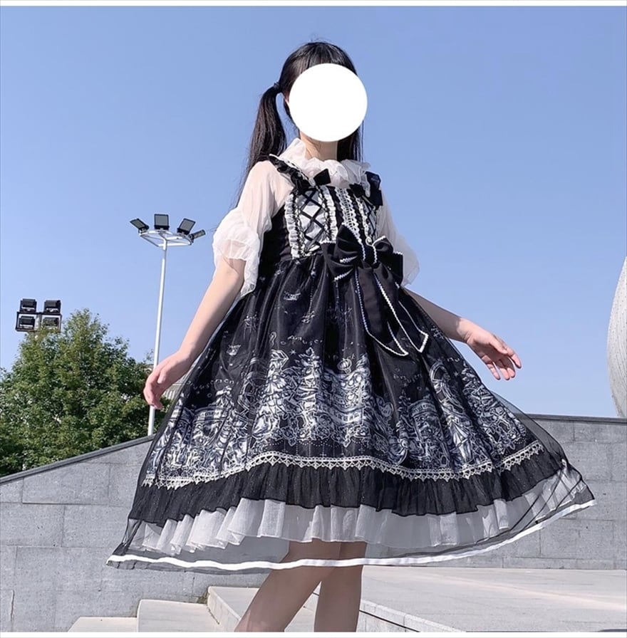 サブカル 服 地雷系 通販 スイートロリータ 3点セット 半袖ブラウス JSK レーススカートカバー リボン スイートロリータ ガーリー 甘め ロマンティック