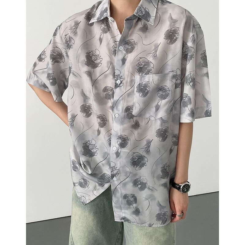 abstract pattern short sleeve button down shirt wide silhouette mr0653