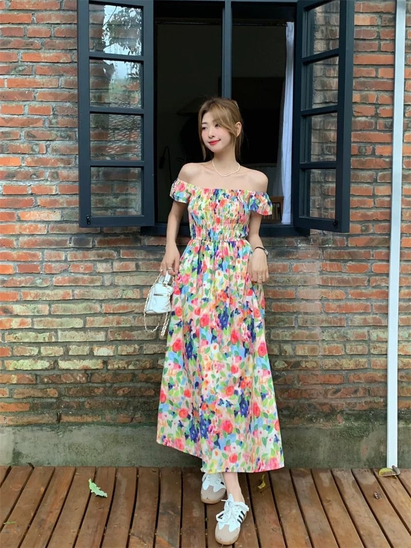 フラワープリントオフショルダーワンピース フラワーベジタブルボーダープリントオフショルダーワンピース（膝丈