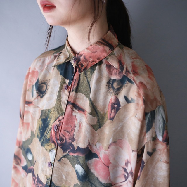 beautiful flower art pattern loose silhouette balloon sleeve see-through shirt