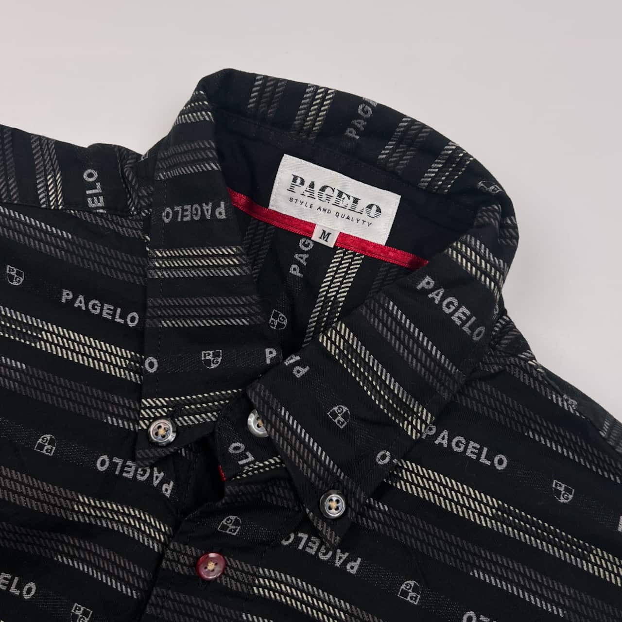 PAGELO パジェロ  ボーダー 総柄 BD ボタンダウン 長袖シャツ M/ブラック メンズ