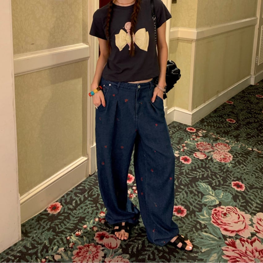 wide-leg embroidered denim pants J00173