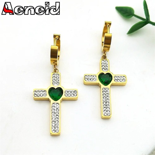 チャーム ピアス  ラインストーン 緑 グリーン ステンレス ゴールド ドロップ ハート クロス LOVE レディース