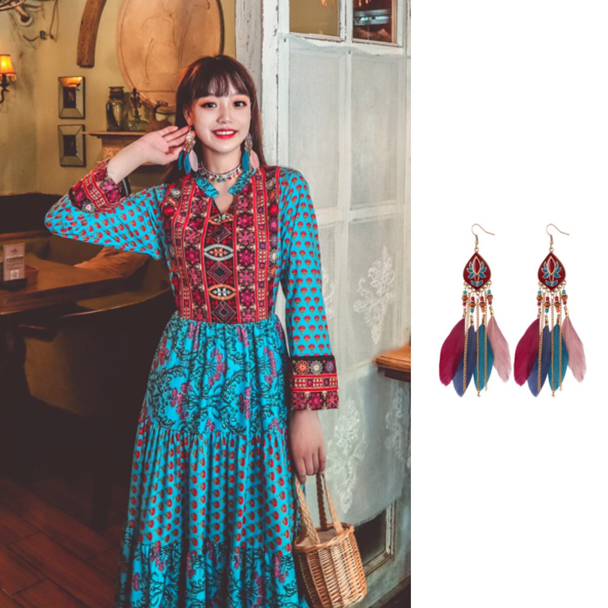 ボヘミアンエスニックスタイルカラーイヤリング 指輪 延命家ファッション94504692540