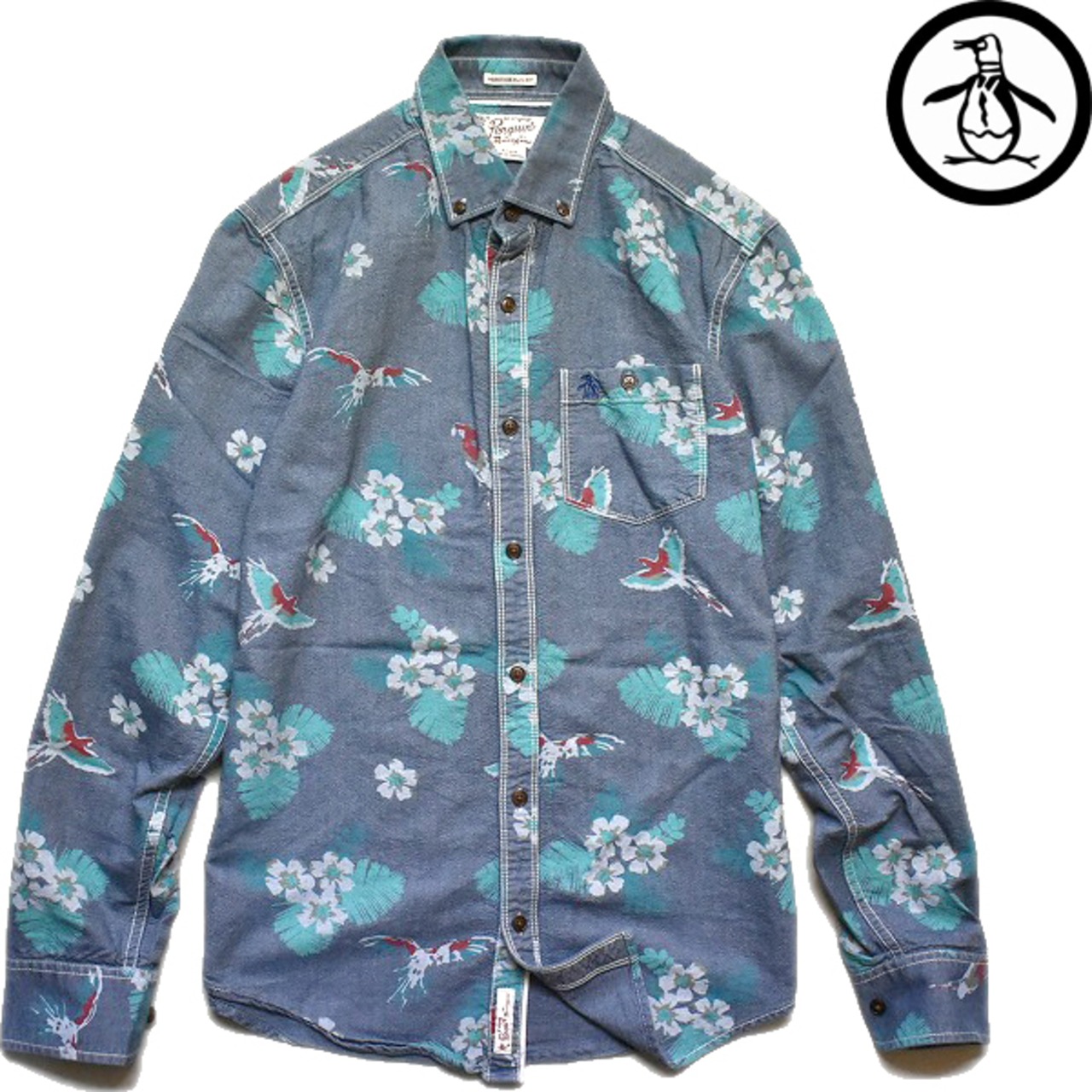 1点物◇ペンギンMunshing Wear長袖/和花総柄シャツUSA古着メンズSM 