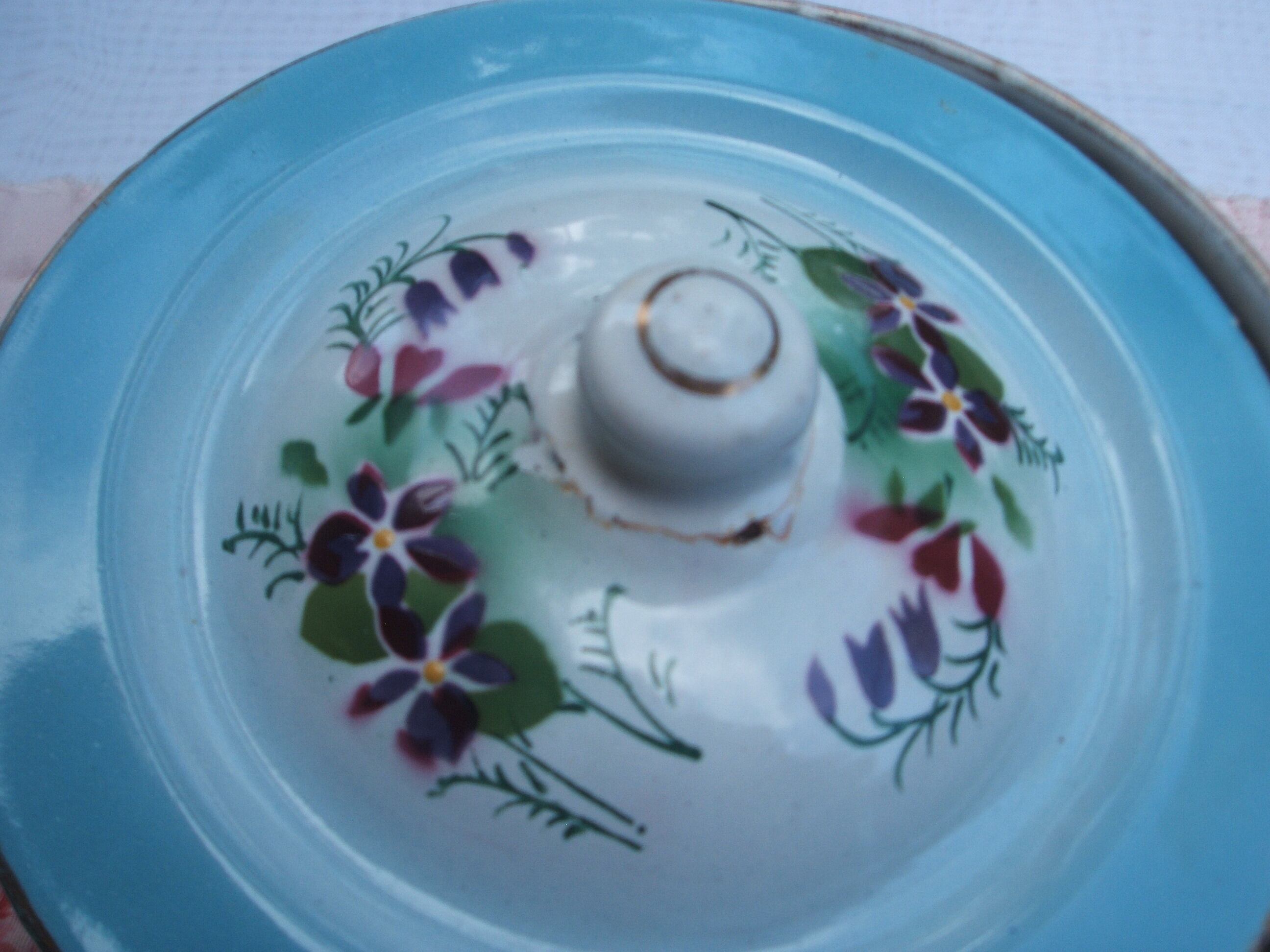 french vintage enamel flower large pan with lid フランス french vintage enamel flower large pan with lid フランス
