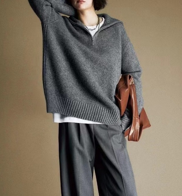 ハーフジップ 襟付き ルーズ ニットセーター レディース トップス ニット セーター 丈長 ミディアム 長袖 ドロップショルダー ジップアップ オーバーサイズ ファスナー リブ かわいい 大人可愛い きれいめ シンプル カジュアル おしゃれ こなれ感 マニッシュ 無地 春 秋 冬 ママ 通勤 学生 学校 通学 デート お出かけ 旅行 公園 女子会 休日 ショッピング カフェ 重ね着 暖かい 体型カバー 普段使い 着回し レイヤード S M L XL ゆったり 白 ホワイト グレー