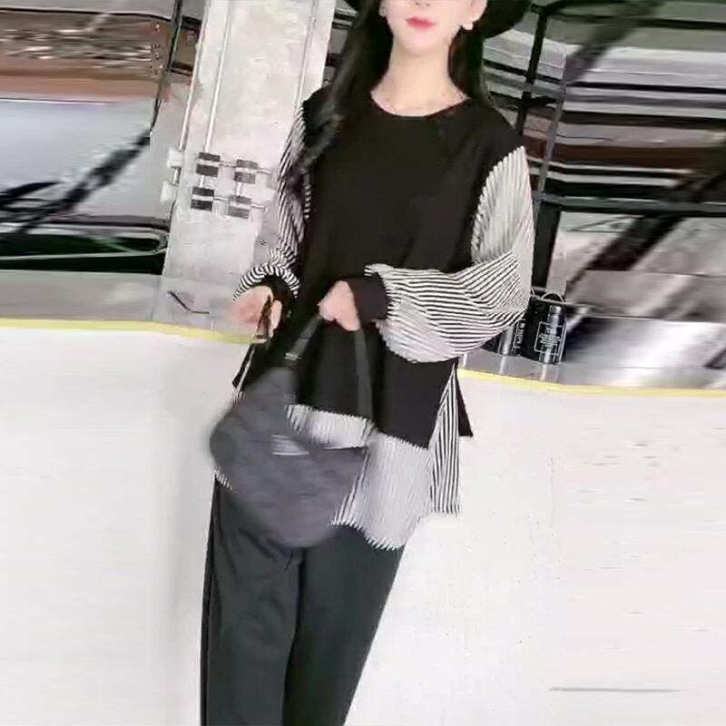 ルーズスタイルシャツ ストライプTシャツ 大きめサイズ ミックスインファッション77362586016