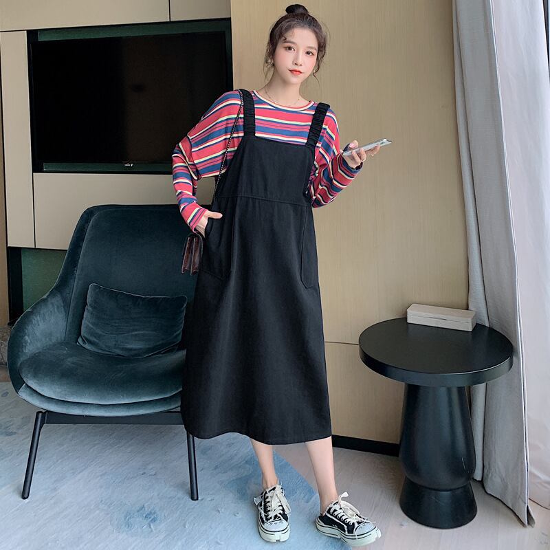 【新作】【送料無料】 マタニティウェア2020秋冬の新しいツーピースセット妊婦、年齢を減らした、ニットのストライプのボトミングシャツ+ミドル丈のサスペンダースカート-アリババ オータム 秋物 ウィンター 冬物 expec290375050579