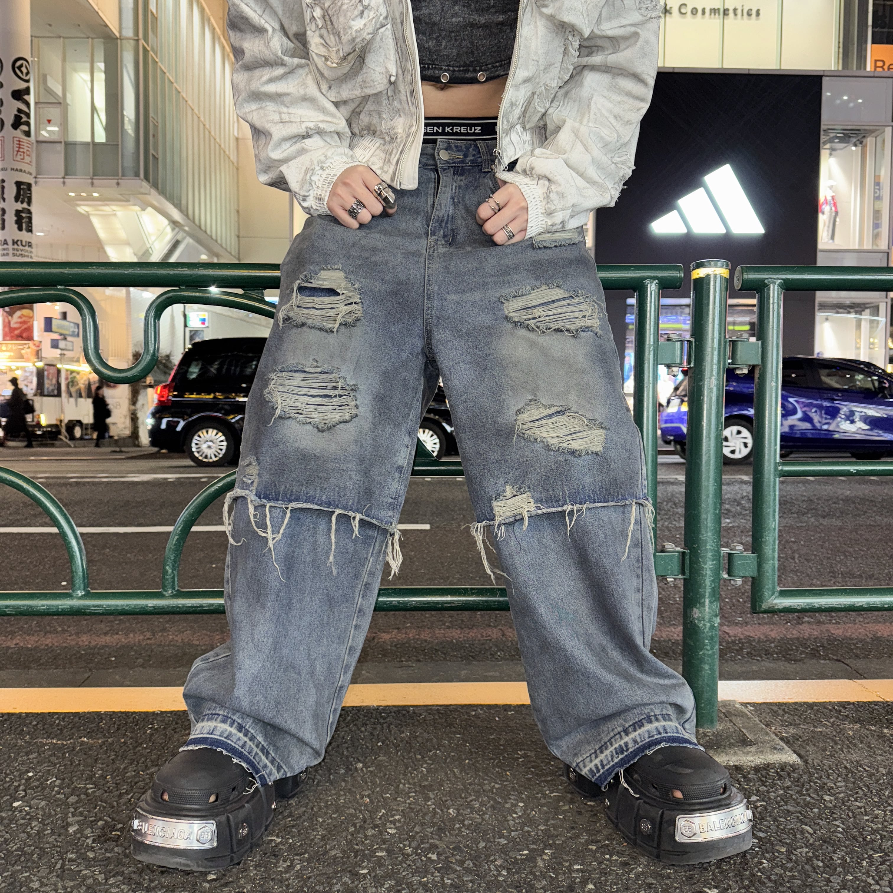 ダメージデニムレイヤードパンツ グランジ ストリート サブスト ダメージデニムレイヤードパンツ グランジ ストリート サブスト