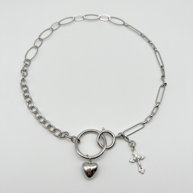 【MULTI WAY】Cross and Heart of silver color necklace