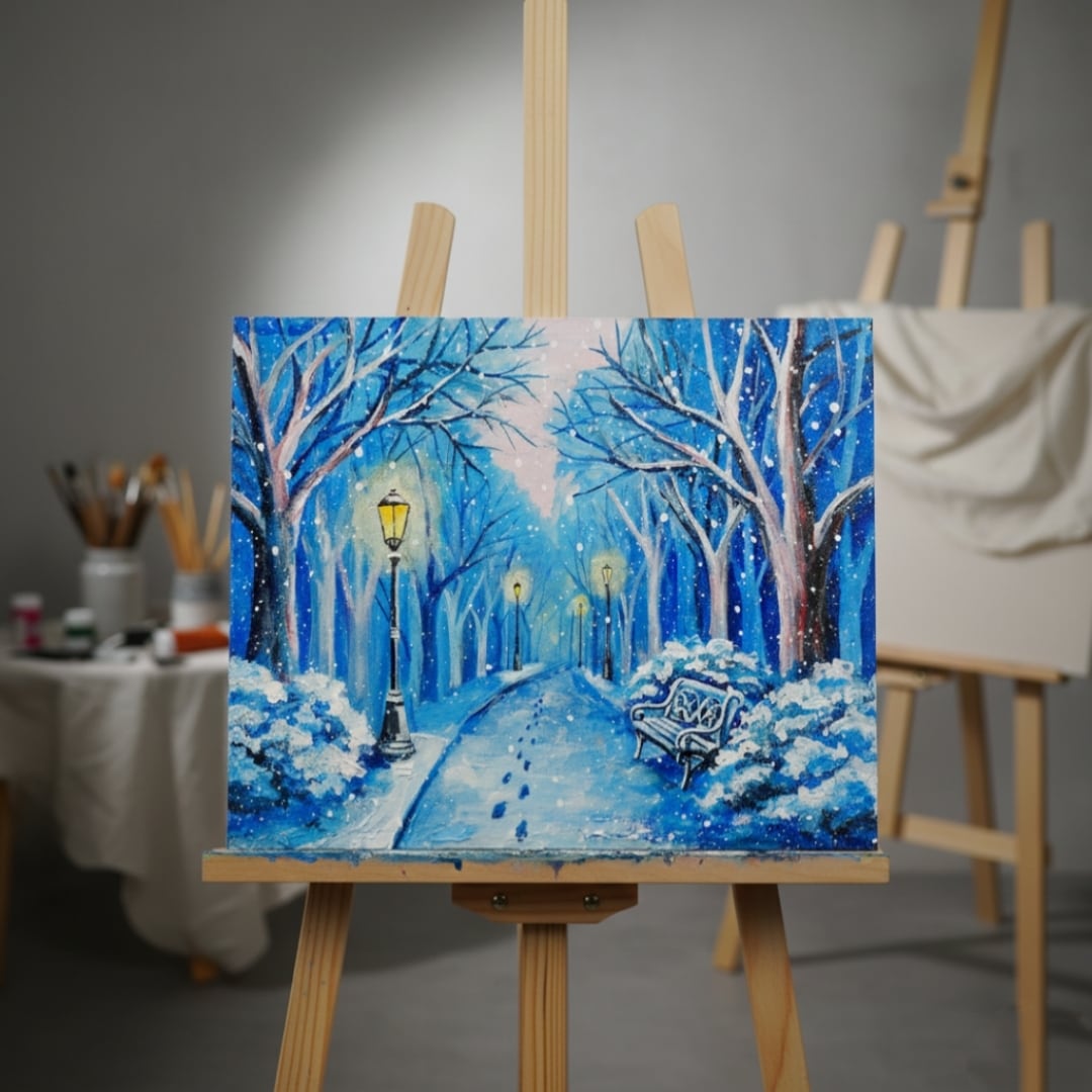 油絵 原画 雪景色 冬景色 幻想的 青 絵画 F3「雪降る幻想」 | HIROSHI1990