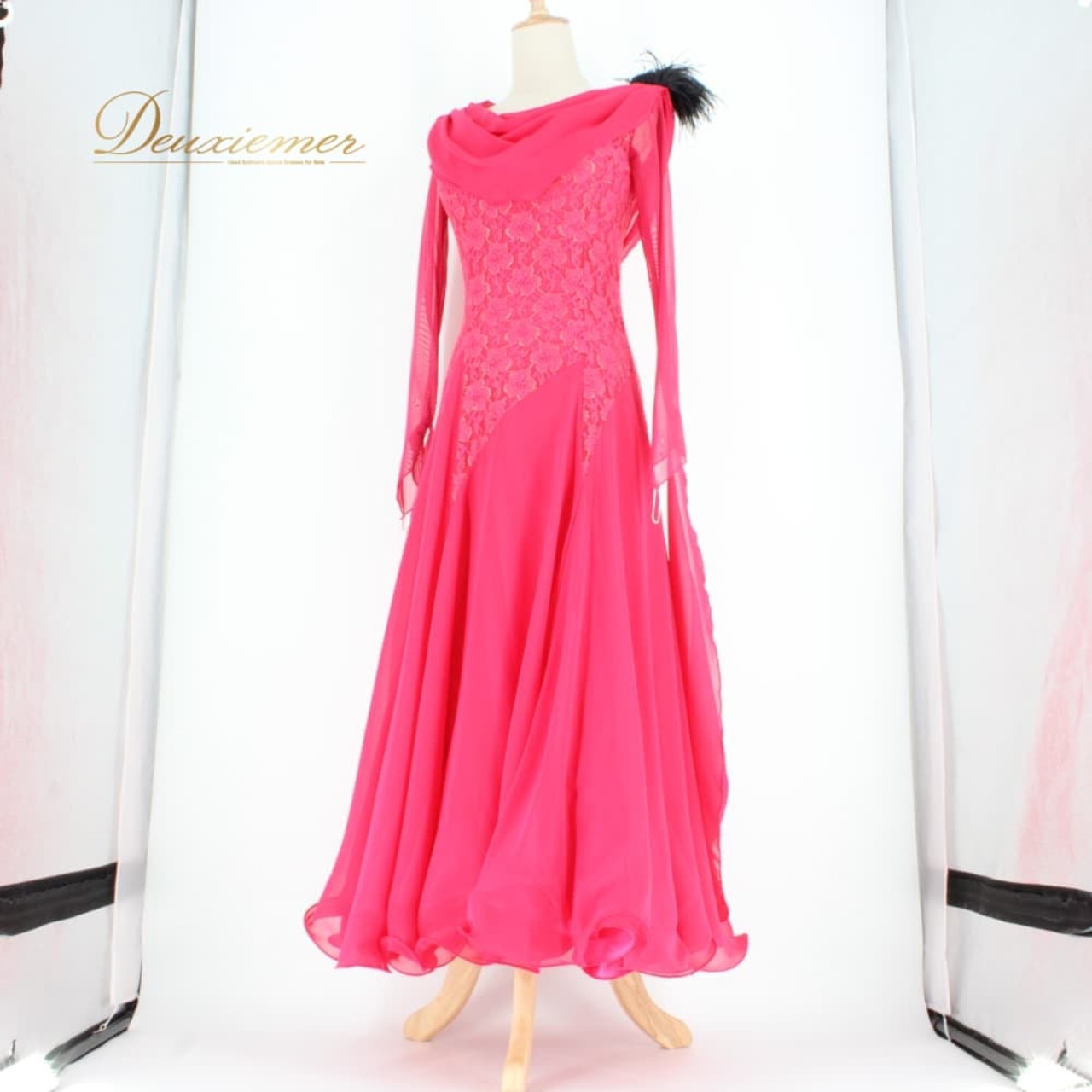 社交ダンス 衣装 prima boutique プリマブティック ドレス スタンダード ブラック系 ピンク系 黒 長袖 フロート 花柄 レース 準正装 パーティー ロングドレス スタンダードドレス ラテン ショー フロートスリーブ 袖あり 刺繍風 光沢 伸縮 ワンピース きれいめ 上品 華やか フォーマル ダンス衣装 新品同様 フェミニン 大人可愛い エレガント フレアスカート 黒ピンク 切替デザイン 9号相当 練習用 発表会 通し営業 イベント用 ドレッシー dress