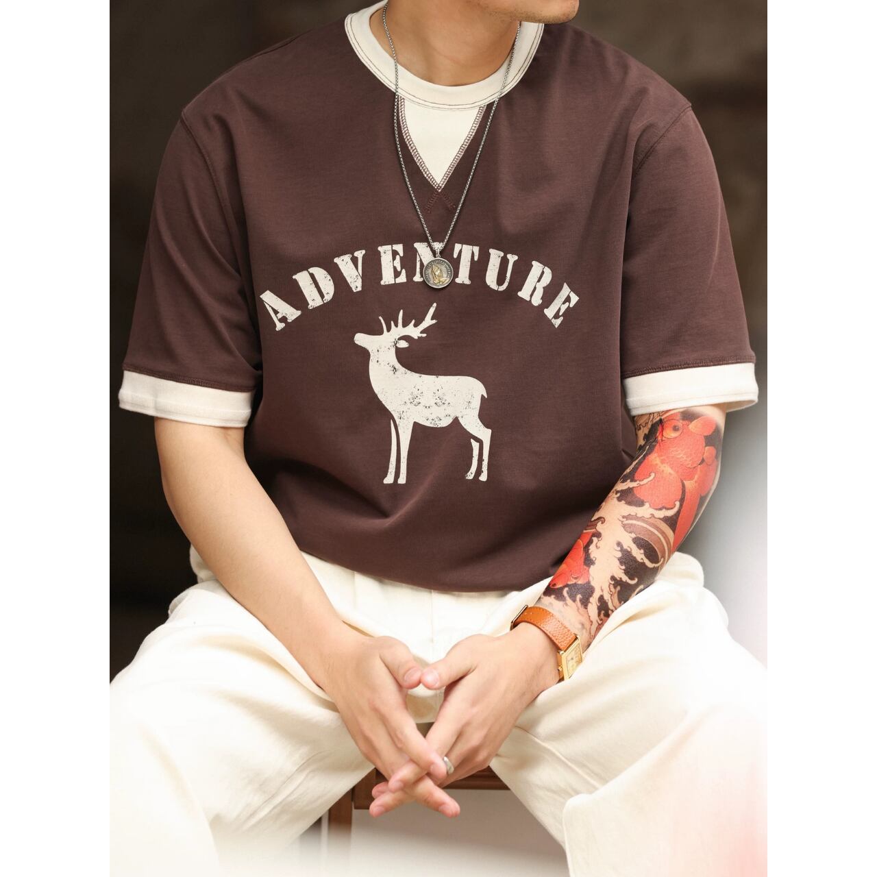 鹿柄プリント ボックスシルエット クルーネックTシャツ 00356