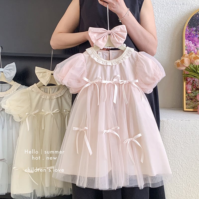 【予約販売】90-140cm 妖精のような可愛さ✨ ふんわりパフスリーブとリボンのチュールワンピ