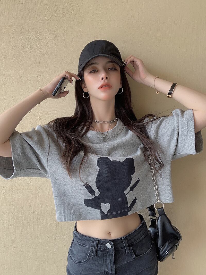 Tシャツ ルーズショートグレートップス サマー 夏物 ブラックストロベリース33641395444