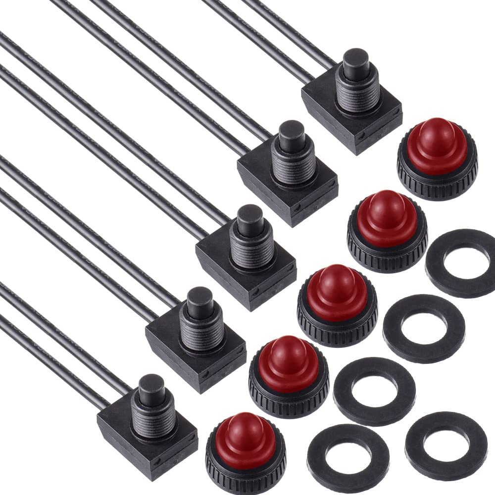 KILIGEN 5個 0~250V/3 Amp プッシュボタンスイッチ 防水 オンオフライト 配線済みスイッチ オートバイ/車用 (レッド防水キャップ)