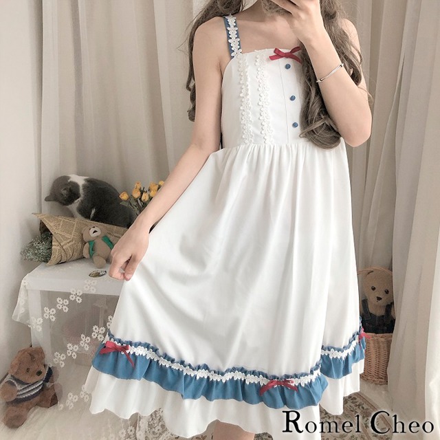 お支払い確認後日以内発送 Romelcheo トリコロール リボン ワンピース セット セットアップ 3ピース スリーピース ロリータ セーラー フリル 爽やか 半袖 長袖 マリン スタイル ガーリー ゆめかわ 大人可愛い 原宿系 3way ロメルチェオ Romelcheo