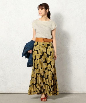 ★★送料無料★M☆シックなボタニカル柄ロングプリ－ツスカ－ト(SKN9516)