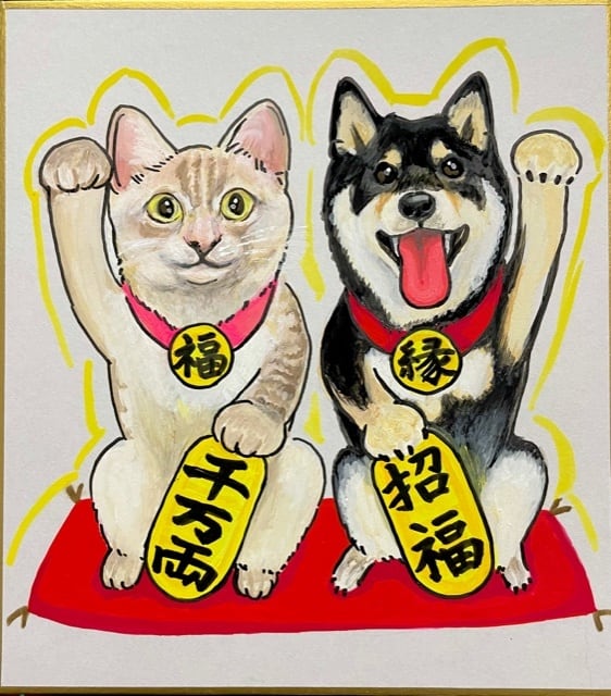 デザイン限定【招き猫と招き犬・小】ミニ色紙ワンコ似顔絵 | shiicoro
