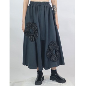 3D FLOWER PATCH ELASTIC WAIST A-LINE LONG SKIRT 2colors M-3862