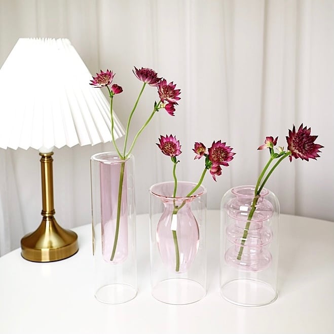 pink objet vase 3types / ピンク オブジェ ベース シリンダー 花瓶 ２重 韓国 北欧 インテリア 雑貨