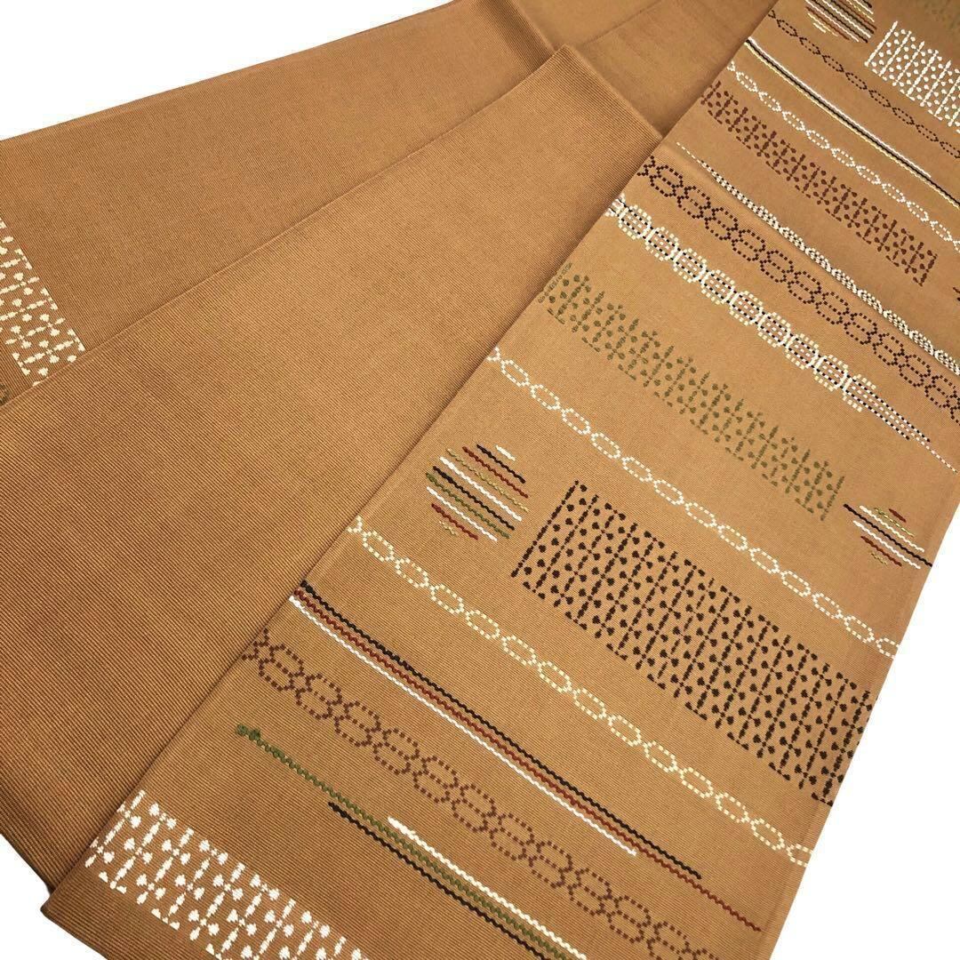 リバーシブル 洒落帯 袋帯 お太鼓柄 刺し子 組織 未使用に近い イ5989 ys7483263; 刺し子 果実模様 袋帯【着】