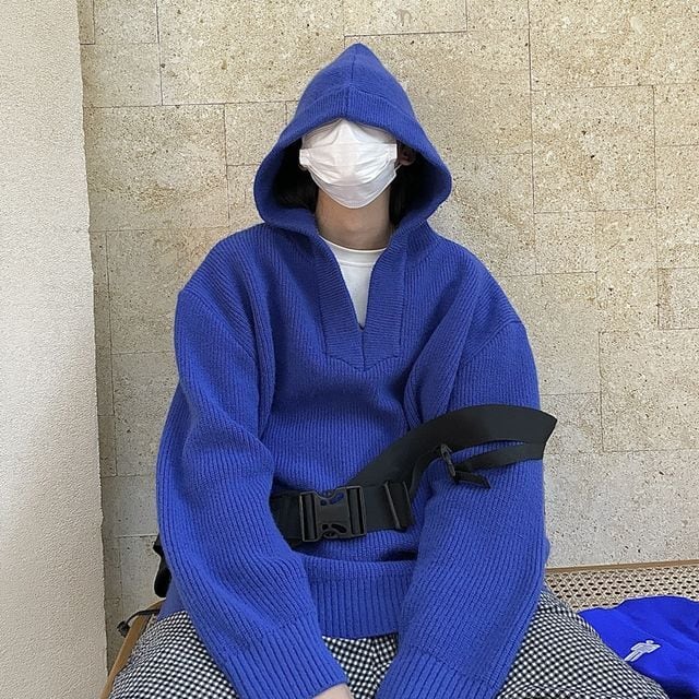 【予約販売】ビッグシルエットパーカー セーター ニット メンズ フーディー オーバーサイズ 無地 ブルー グレー ブラック トレンド お洒落 韓国 秋 大きいサイズ S/M/L/XL/2XL