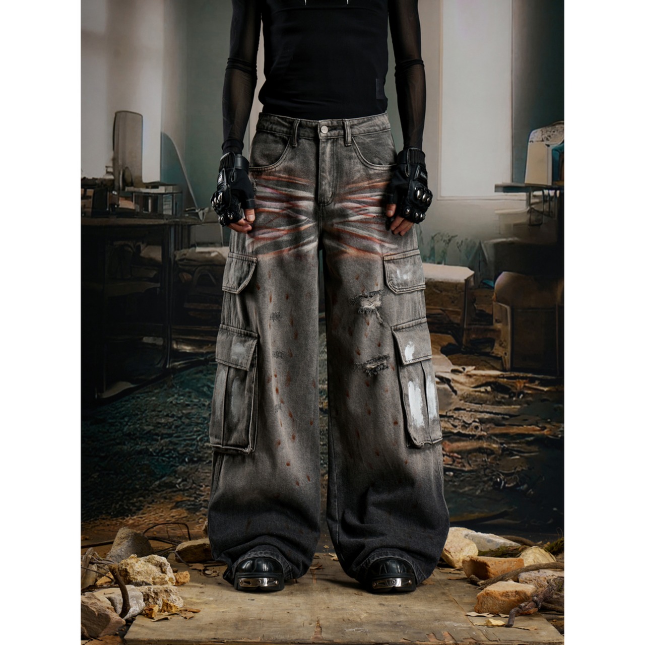 ストリート  スプレーダメージ加工デニムパンツ P357