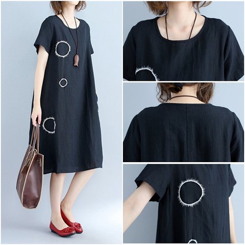 半袖ワンピース 大きいサイズ ゆったり 体型カバー カジュアル ワンピース 膝丈 シンプル レディーススカート Aライン 半袖 薄手 夏 レディースワンピース お洒落 コットンリネン クルーネック