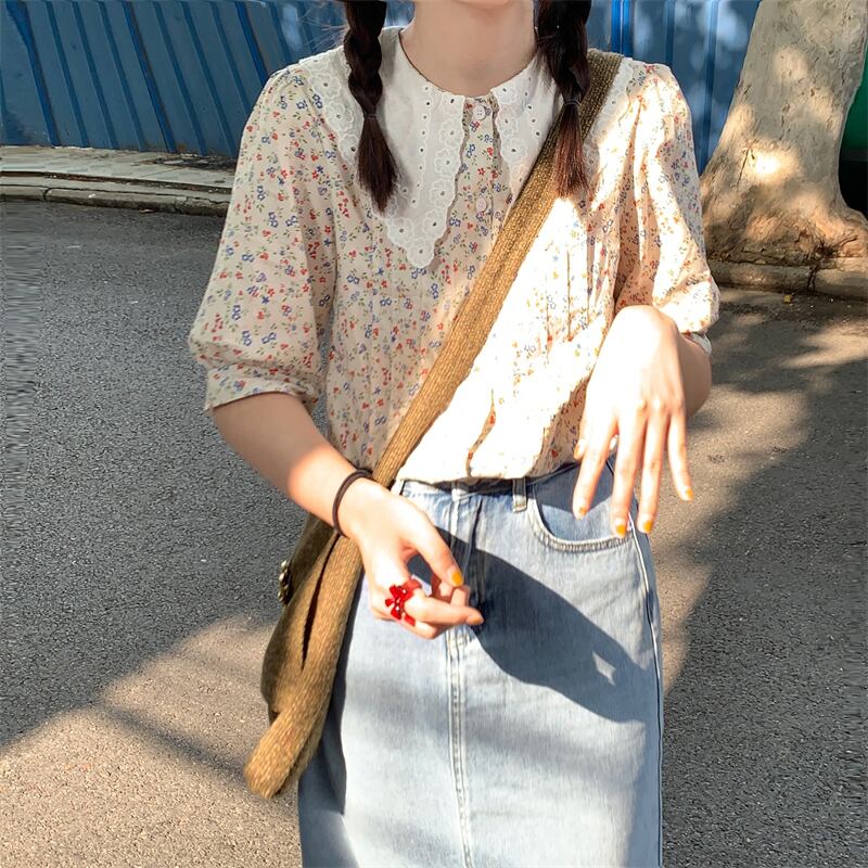 サマースタイルフローラルレースカラー ブラウス 大人ガーリー スウィート キュート カジュアル 夏物 花柄 萌量不足17145042601