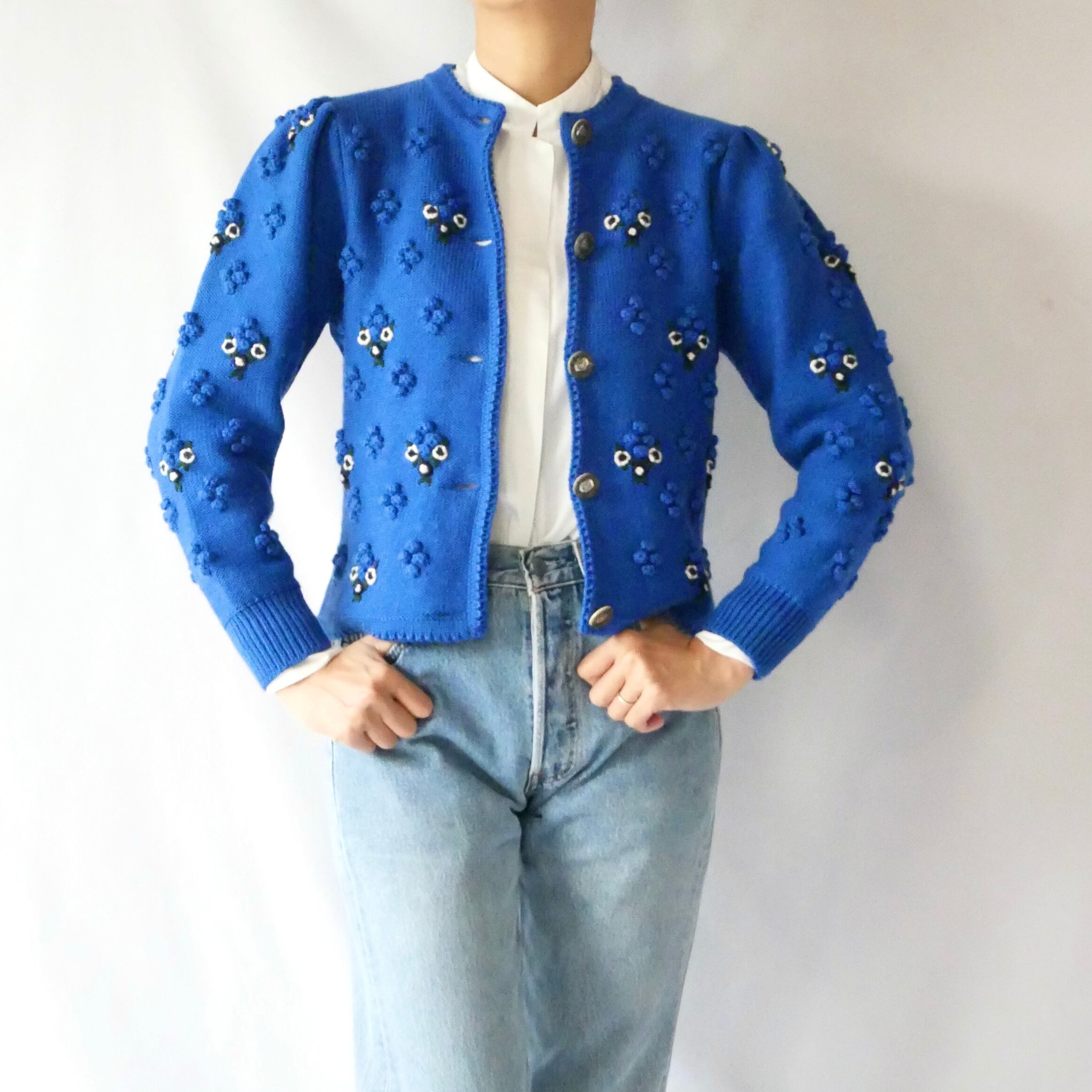 Made in Germany blue floral popcorn knit cardigan ドイツ製 ブルー