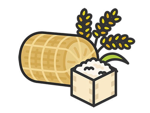 お米 稲のイラスト入りパッケージ 米俵と稲と米のアイコン（線画カラー）のイラスト｜お米一俵