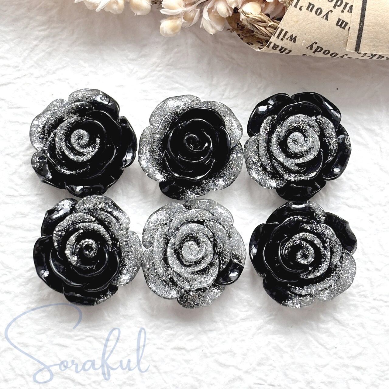 6個】ラメの薔薇カボション バラ ローズ 19mm【デコパーツ】D-0142